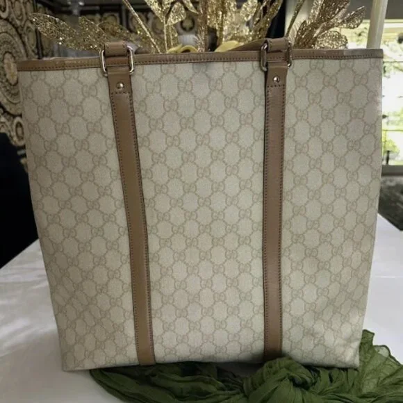 Gucci GG Canvas Beige Leather Trim Large Tote Bag Authentic - Picture 3 of 11